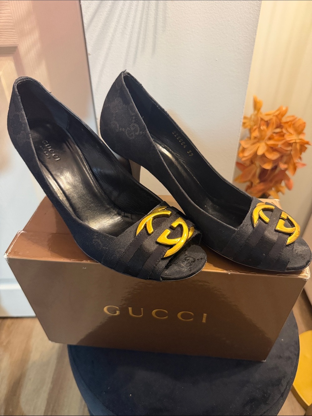 Gucci Black Peep-Toe Pumps with Yellow Double G Accent
